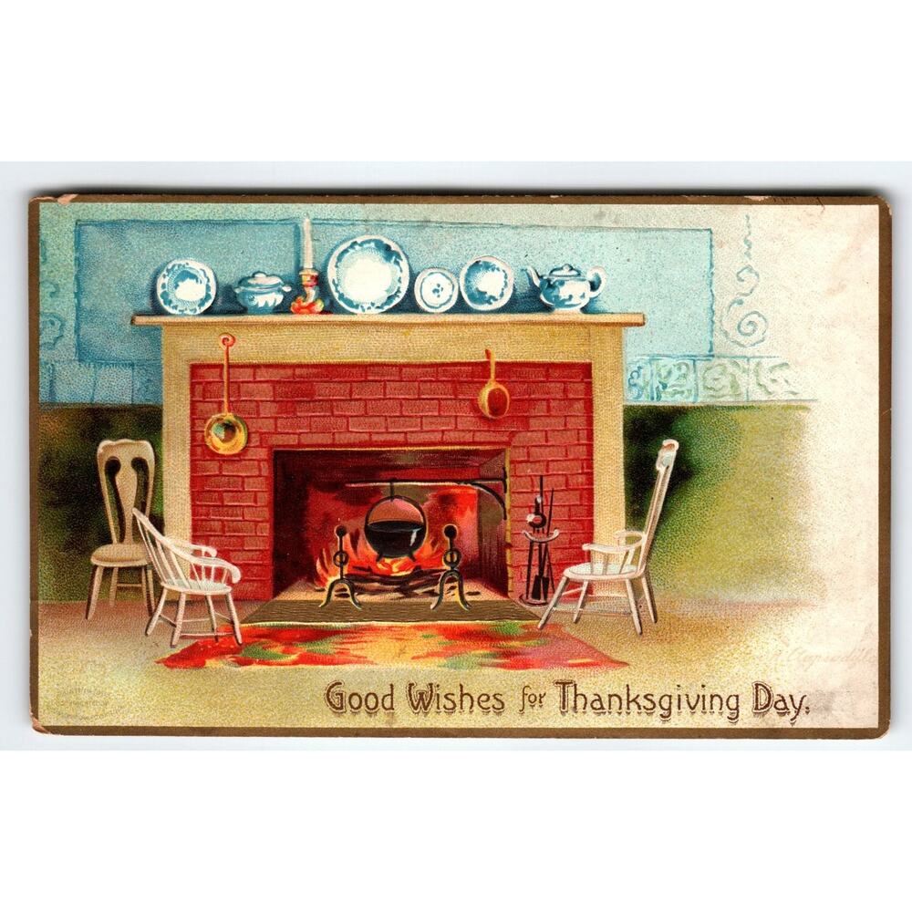 Vintage Thanksgiving Fireplace Scene Lithograph Postcard 5.5x3.5 in